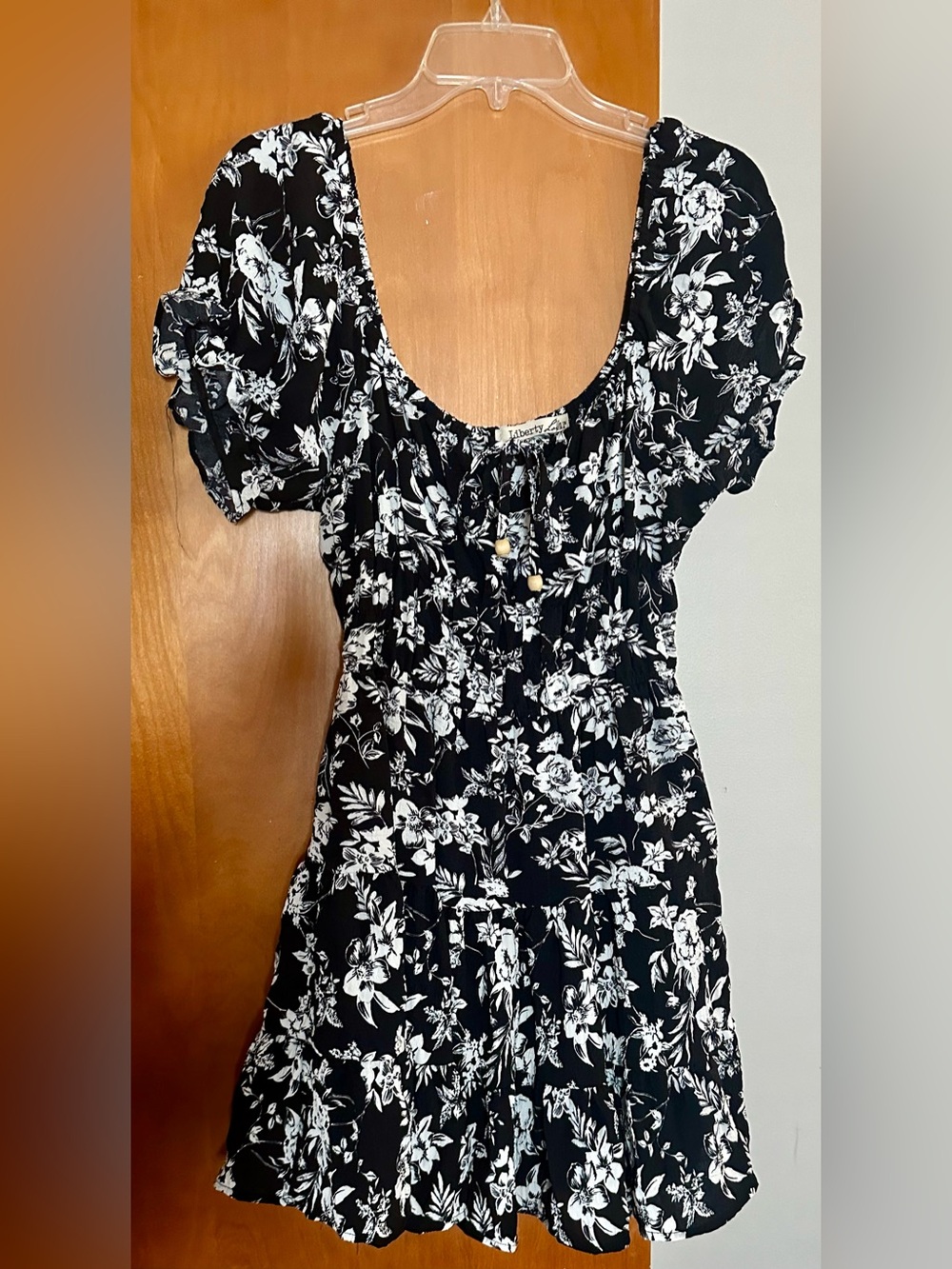 liberty Black & White Floral Puff Sleeve Mini Dress